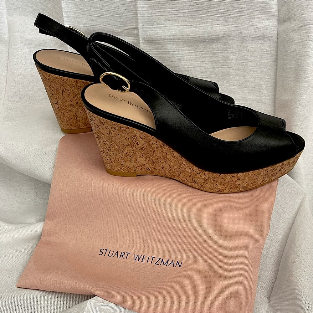 * NEW W/ DUST BAG* Stuart Weitzman Black Leather Wedges.